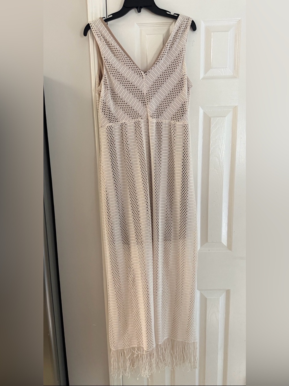 Emma & Michele V-neck Crochet Overlay Maxi Sleeveless  Dress With Fringes.